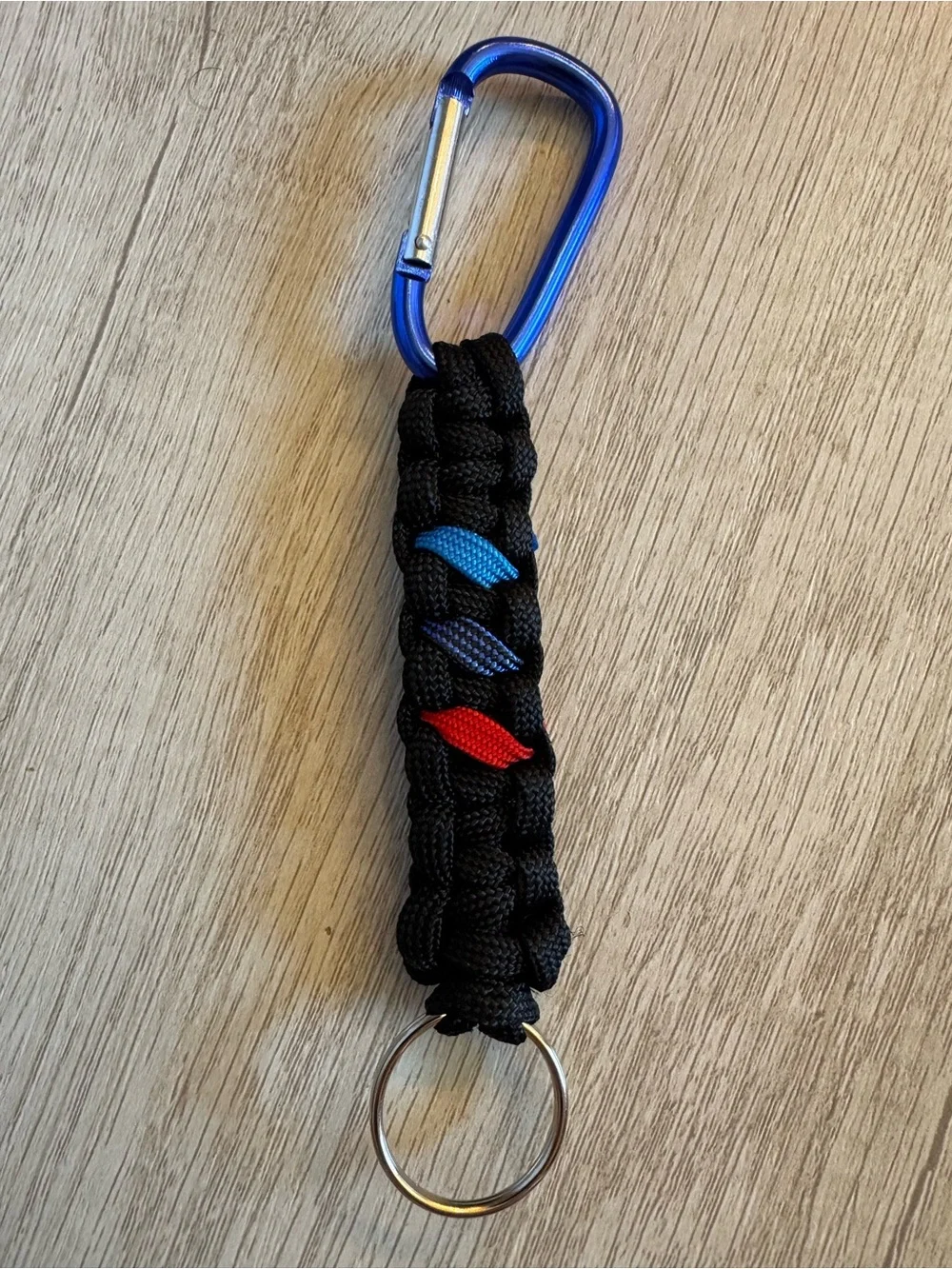 Black Paracord Keychain with Blue and Red Accents bmw automotive keychain